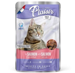 Plaisir Pouch Somon ve Morina Balıklı Soslu Parçalı Kısırlaştırılmış ve Yetişkin Kedi Yaş Maması 100 Gr